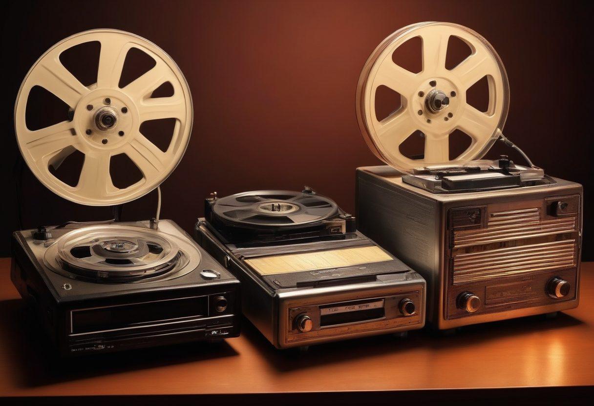 A striking contrast between vintage film reels and modern digital devices, with soft glow effects showcasing the evolution from classic to digital adult entertainment. Incorporate subtle elements symbolizing intimacy and connection, such as intertwined silhouettes or soft lighting. The background should blend warm tones of nostalgia with cool hues of modern technology, emphasizing the transformation theme. super-realistic. vibrant colors. cinematic mood.