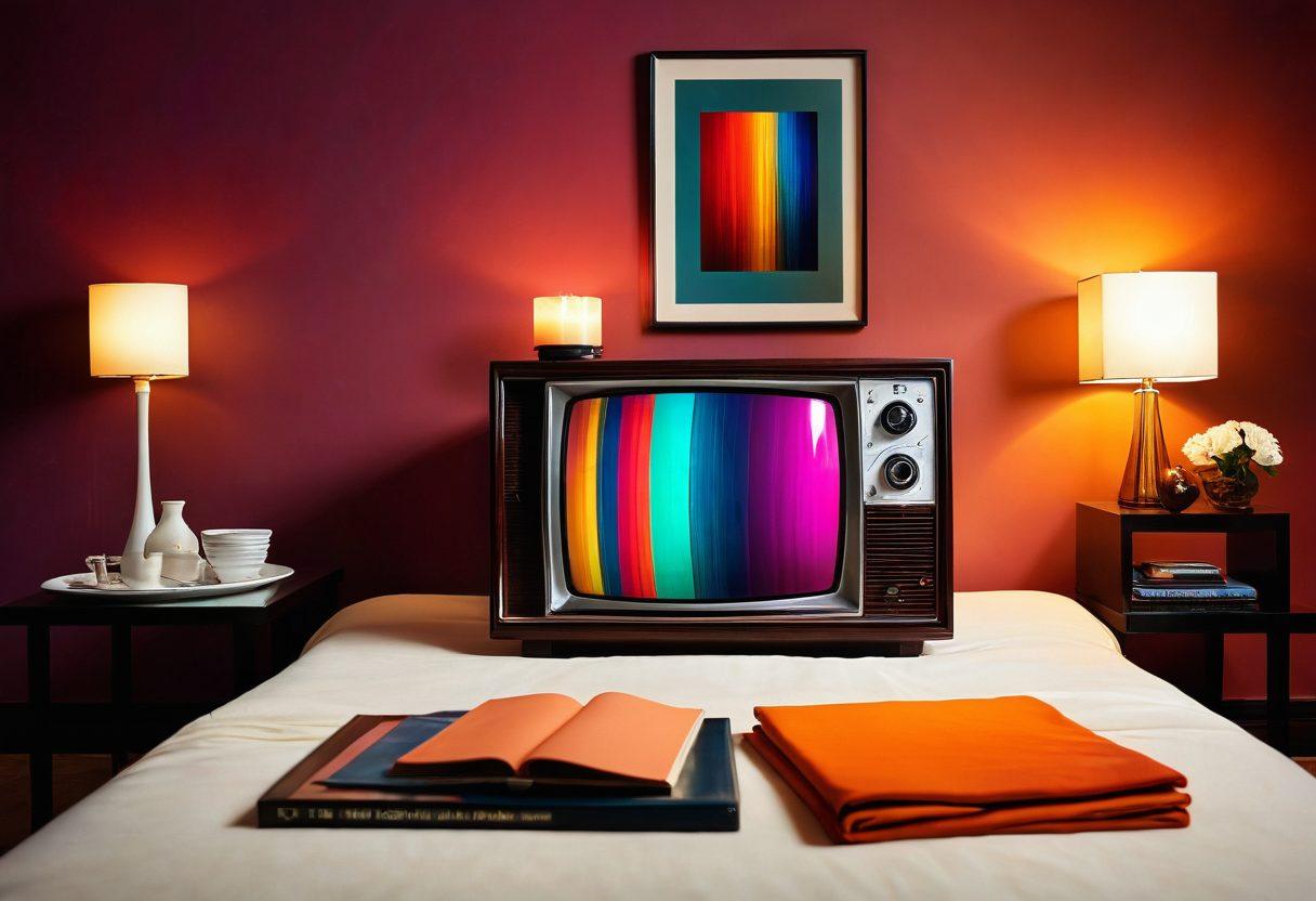 An aesthetically pleasing collage showcasing various elements of adult streaming, including a vintage television set displaying vibrant, abstract visuals. Surround the TV with modern digital devices like a tablet and smartphone, representing the evolution of content consumption. Use soft lighting to create an inviting atmosphere and include subtle motifs of intimacy like candles and silk sheets in the background. super-realistic. vibrant colors. cozy ambiance.